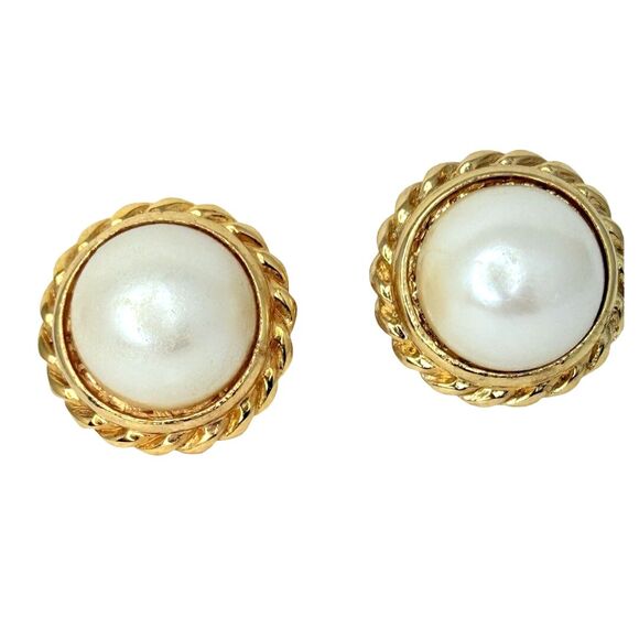 Vintage Napier Signed Pearl Button Screw Back Earrings 1" Gold Tone - Picture 1 of 9